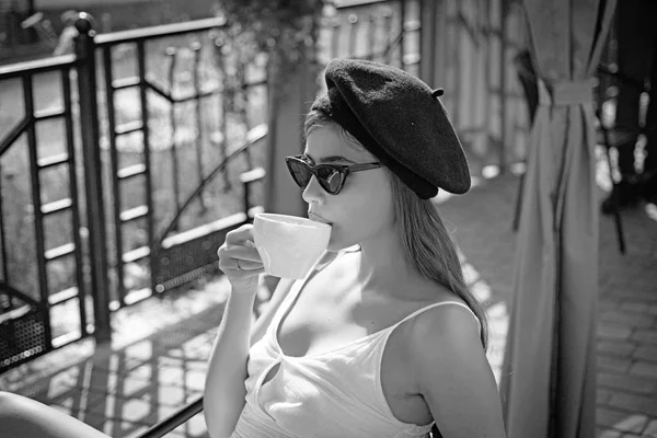 But first coffee. Woman enjoy drinking espresso or cappuccino. Adorable woman in coffee shop. Pretty woman drink coffee in outdoor cafe. A coffee break for a snack