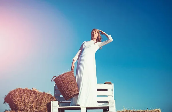 Модель моды на голубом небе. Девушка Альбинос держит плетеную корзину с сеном на солнечном открытом пикнике. Женщина невеста в свадебном платье на деревянной скамейке. Сексуальная женщина с длинными светлыми волосами — стоковое фото