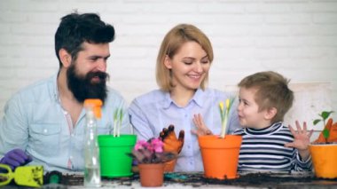 Aile yaz aylarında tencerelerde çiçek dikim iyidir. Çiçek dikim. Bahar kavramı, doğa ve bakım. Aile zaman dikim ve renkli tencere çiçek sulama harcamak mutludur.