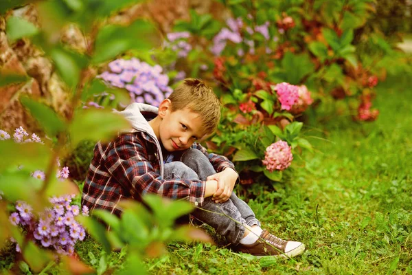 A garden is a grand teacher. Small child relax in garden. Small child enjoy flowers blossoming in garden. Walk in a garden to know a beauty — Stock Photo, Image