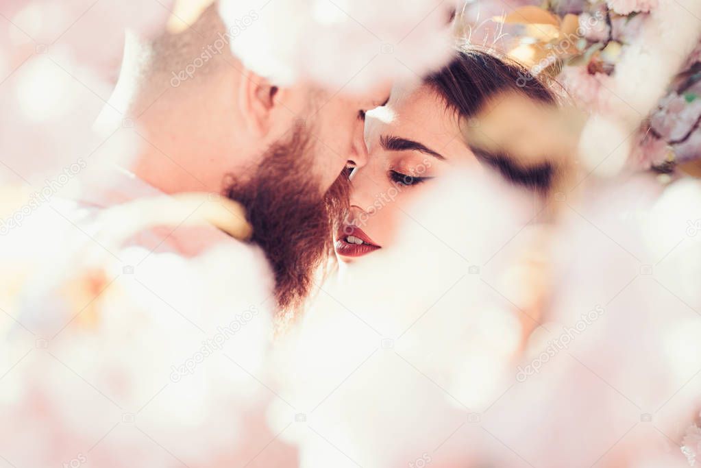 Passion and love concept. Man and woman kissing in blooming garden on spring day. Couple hugs near sakura trees. Couple in love spend time in spring garden, flowers on background, defocused, close up.