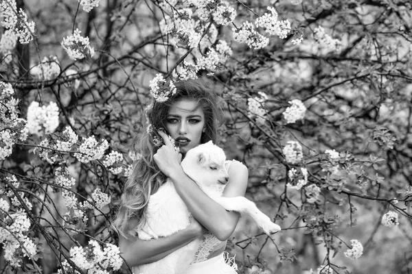 Woman with goat in blossom — Stock Photo, Image