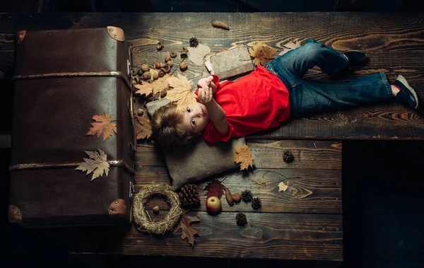 Menino bonito no outono brincando com folhas no fundo folhas de outono. Miúdo a divertir-se com o Leaf fall. Menino em roupas sazonais com folha dourada.Conceito de outono . — Fotografia de Stock