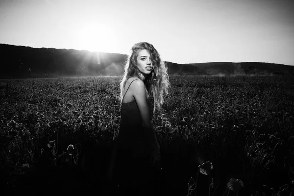 Campo de sementes de papoila com mulher — Fotografia de Stock