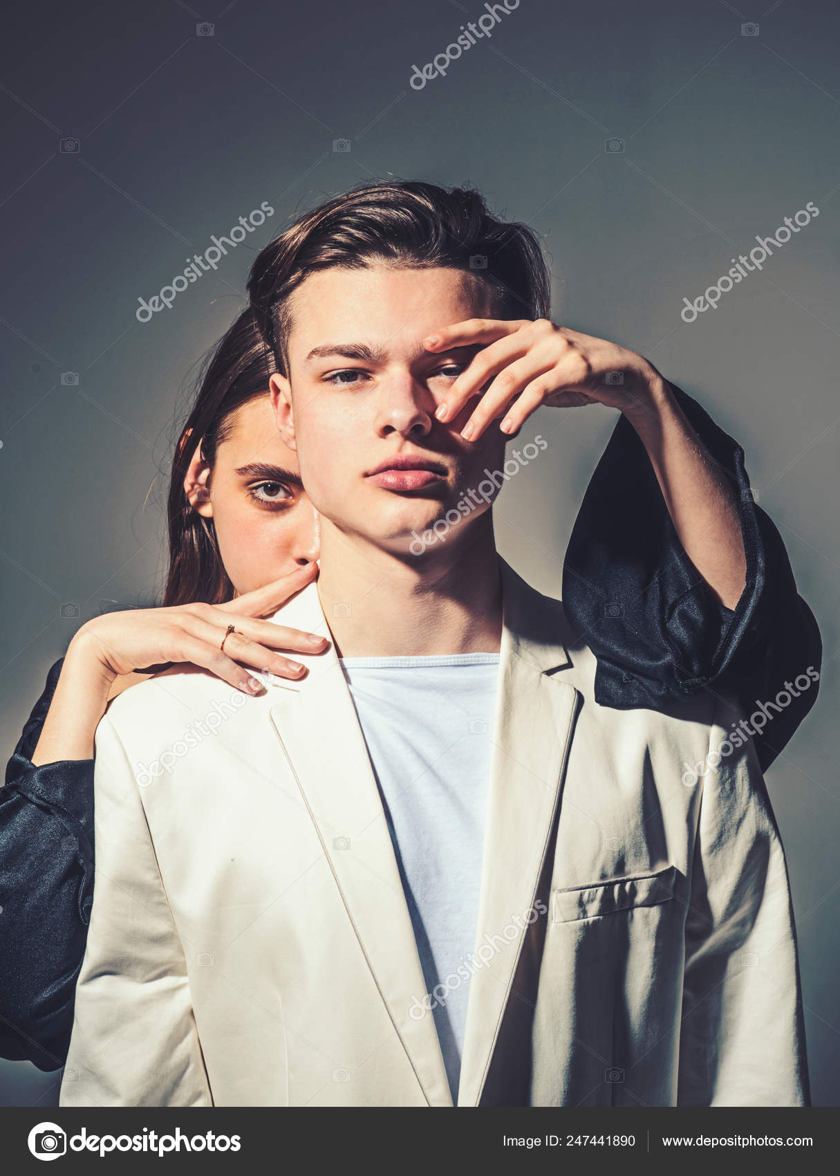 Hair style and skincare. Fashion couple in love. Beauty and fashion.  Friendship relations. Family bonds. Man and woman. girl touch her boy on  face. recognize by touch Stock Photo by © 247441890