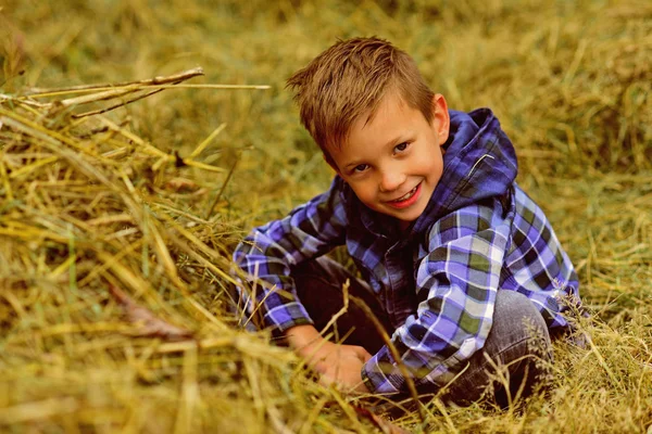 Lilla jordbrukaren. Liten bondpojke. Pojke bonde koppla av i hayloft. Litet barn njuta av semester på landsbygden. Växer upp på en ekologisk gård — Stockfoto