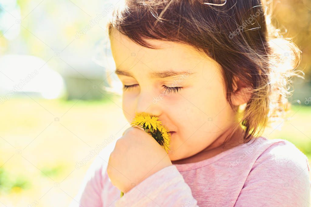 Summer relaxation. Small child. Natural beauty. Childrens day. Springtime. weather forecast. Summer girl fashion. Happy childhood. Little girl in sunny spring. face and skincare. allergy to flowers