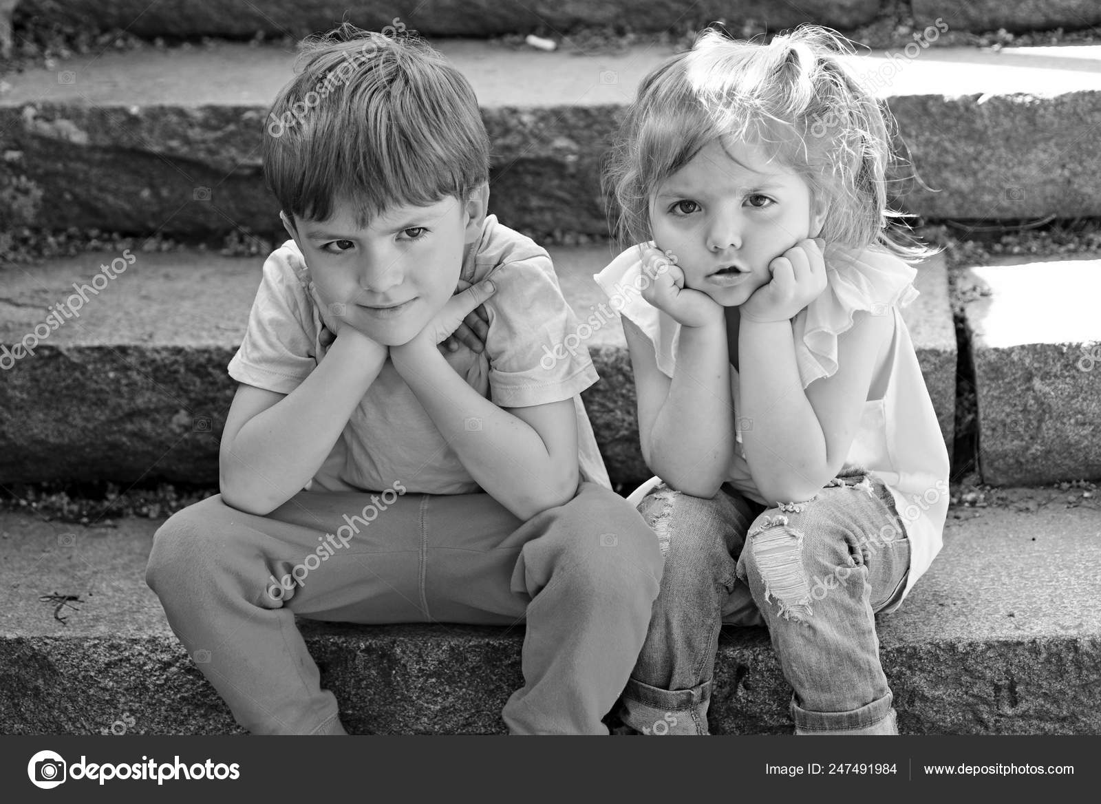 Summer Holiday And Vacation Couple Of Little Children Boy And Girl Childhood First Love Best Friends Friendship And Family Values Small Girl And Boy On Stairs Relations Misunderstanding Stock Photo By C Tverdohlib Com