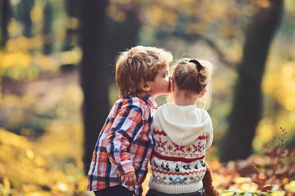 Fratello baciare sorella con amore nel bosco. Ragazzino bacia piccola amica nella foresta autunnale. Concetto di San Valentino. Amore e fiducia della famiglia. Amicizia infantile e sviluppo precoce dei bambini — Foto Stock