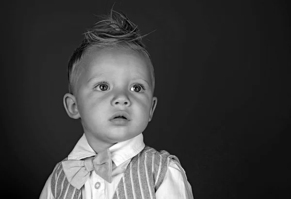 Adoro fare i capelli. Piccolo ragazzo con taglio di capelli alla moda. Bambino piccolo con un taglio di capelli disordinato. Bambino ragazzo con eleganti capelli biondi. Sane abitudini di cura dei capelli. Prodotti per parrucchieri, spazio copia — Foto Stock