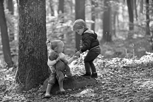 Niños y niñas acampando en el bosque. Los niños juegan en el bosque de otoño. Amistad infantil e infantil, amor y confianza. Hermano y hermana se divierten al aire libre. Actividad infantil y descanso activo — Foto de Stock