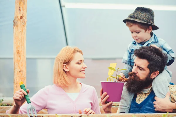 Bärtiger Mann, der seinen Sohn mit Fedora-Hut auf seinen Schultern hält. Mama zeigt Kind, wie man die Gartengabel bedient, während Papa rosa Blumentopf in der Hand hält — Stockfoto