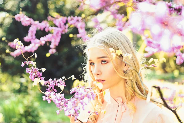 Girl on dreamy face, tender blonde near violet flowers of judas tree, nature background. Young woman enjoy flowers in garden, defocused. Lady walks in park on sunny spring day. Spring bloom concept. — Stock Photo, Image