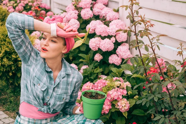 庭の花の世話を女性。幸せな女庭師の花。アジサイ。春と夏。温室の花。花の世話と水やり。土壌と肥料。植物は、良いケアを必要 — ストック写真