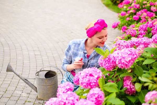 Glückliche Gärtnerin mit Blumen. Gewächshausblumen. Blumenpflege und Bewässerung. Böden und Dünger. Hortensien. Frühling und Sommer. Frau pflegt Blumen im Garten. Arbeiten im Gewächshaus — Stockfoto