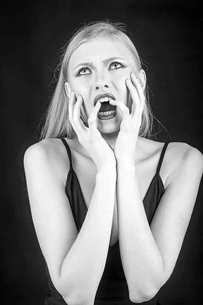 Beauty Girl Face. Studio Shot of Woman. Manicure and fashion Makeup. Beautiful lady touching her face — Stock Photo, Image