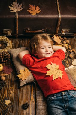 Yaprak mide dinlenme sarışın küçük çocuk sonbahar yaprakları ahşap zemin üzerinde yer almaktadır. Sonbaharda oynayan çocuk. Çocuk reklam ürün ve Hizmetleri. Sonbahar konsepti.