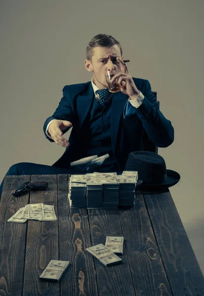 Man in suit. Mafia. Making money. Money transaction. Businessman work in accountant office. Small business concept. Economy and finance. Man bookkeeper. Just making money — Stock Photo, Image