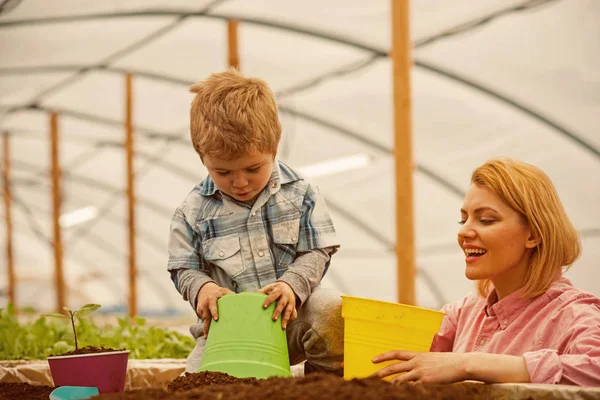 motherhood. happy motherhood with mother and son in greenhouse. motherhood concept. motherhood is a gift to a woman. happy family.