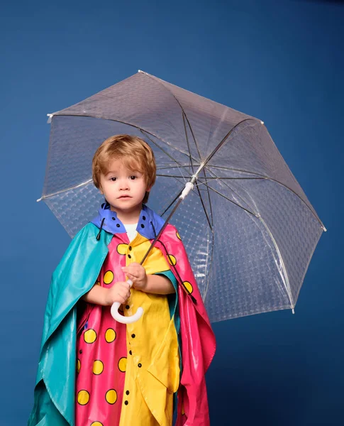 Lächelnder kleiner Junge, der mit Blättern spielt und in die Kamera schaut. Fröhlicher Junge im Regenmantel mit buntem Regenschirm. Verkauf der gesamten Herbstkollektion, unglaubliche Rabatte und wunderbare Auswahl. — Stockfoto