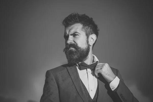 Man with beard and mustache with blue sky on background. — Stock Photo, Image