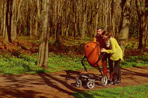 Услуги няни. Бородатый мужчина и красивая женщина сидят с детской коляской в весеннем парке. Услуги по уходу за детьми для работающих родителей — стоковое фото