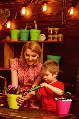 Fide kavramı. Anne ve oğlu çiçek fide tencerede değiştirmeliyiz. Anne ve küçük çocuk çiçek fide dikim. Fide çiçek