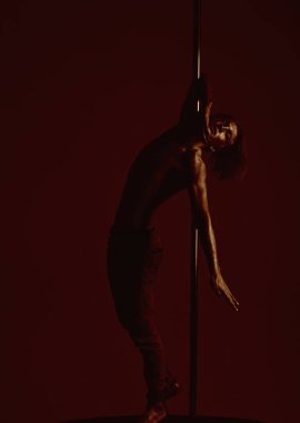 Metal yüzey ile seksi maço. Pole dans spor. Atletik erkekleri pilon üzerinde akrobatik öğeleri gösteriyor. Güçlü dansçı egzersiz kutup. Özgürlük. Kaslı adam pilon üzerinde dans gümüş beden sanatı ile.