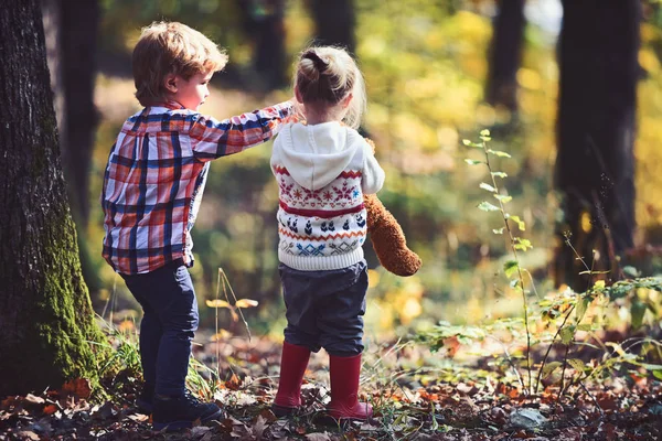 Los niños juegan en el bosque de otoño. Niños amigos acampando en bosques —  Fotos de Stock