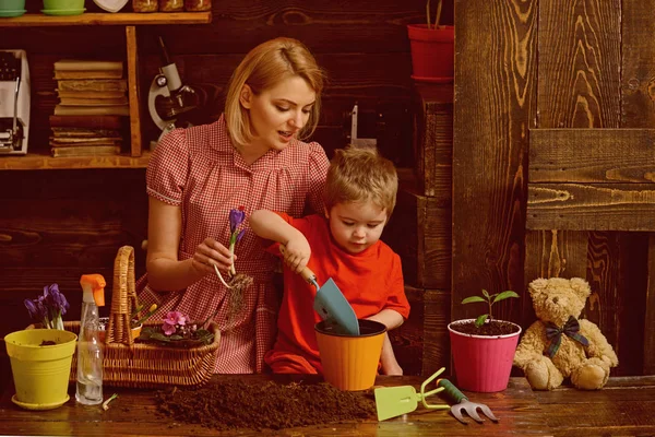 花屋のコンセプトです。花屋の女性と小さな子供が花をポッティングします。仕事で家の花屋。花屋 — ストック写真