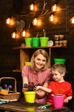 Eko kavramı. Küçük oğlu yardım anne yeni pota, çevre çiçek dikim. Çevre ve ekoloji. Çevre dostu ve yeşil git