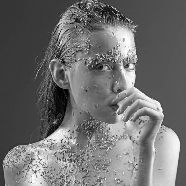 Güzellik moda modeli kız. Vogue şeker sprinkles makyaj kadınla tarz. Moda sanat makyaj. Diyet