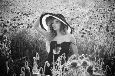 şapka kırmızı haşhaş alanı ile güzel kız