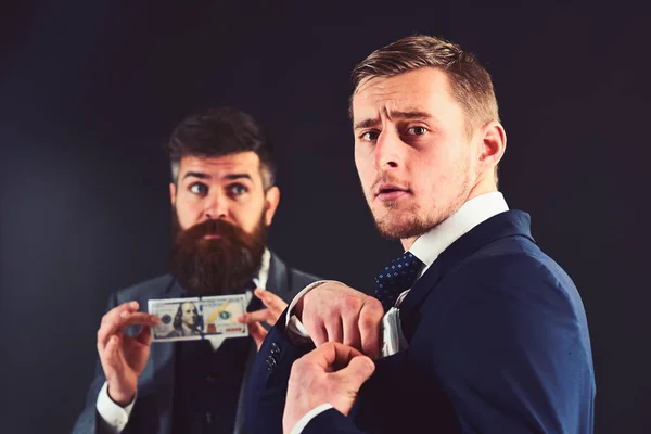 Juct pocketing the money. Business purchase agreement. Successful businessmen with cash money. Busy men paying real money. Business partners have business meeting. Money payment and transactions — Stock Photo, Image