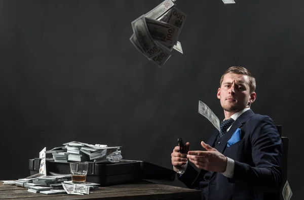 Businessman work in accountant office. Man in suit. Mafia. Making money. Economy and finance. Man bookkeeper. Money transaction. Small business concept. Poker player — Stock Photo, Image