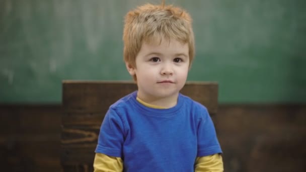 Okul çocuk thumbs up. Başarılı eğitim. Sınıfta yeşil kara tahta her iki elini kullanarak başparmak yukarı işareti gösteren neşeli bir küçük çocuk portresi. Mutlu okul çocuğu. — Stok video