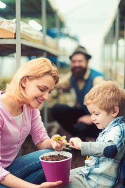 Anne oğlunu ihale gösterilen sıcak pembe tencerede küçük çiçek bırakır. Arka planda bulanık sakallı adam