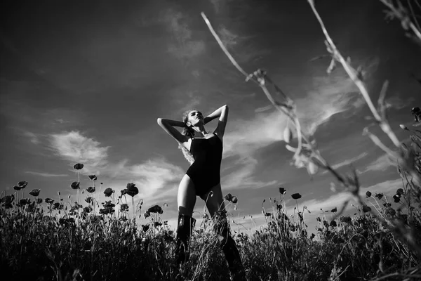 Menina de verão no campo de flores de semente de papoula — Fotografia de Stock