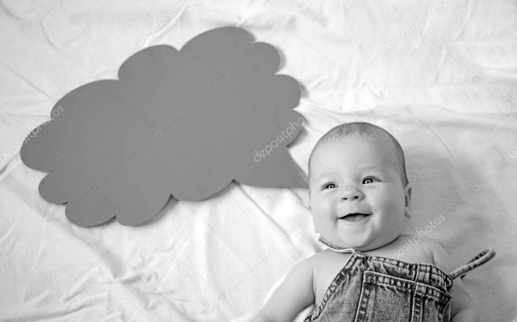Family firstly. Sweet little baby. New life and birth. Small girl. I can speak. Word in cloud. Family. Child care. Childrens day. Portrait of happy little child. Childhood happiness