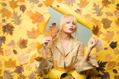 Sonbaharda yapraklarla oynayan bir kız. Sonbahar kızı sonbahar satışına hazırlanıyor. Güzel şehvetli bir kadının moda portresi..