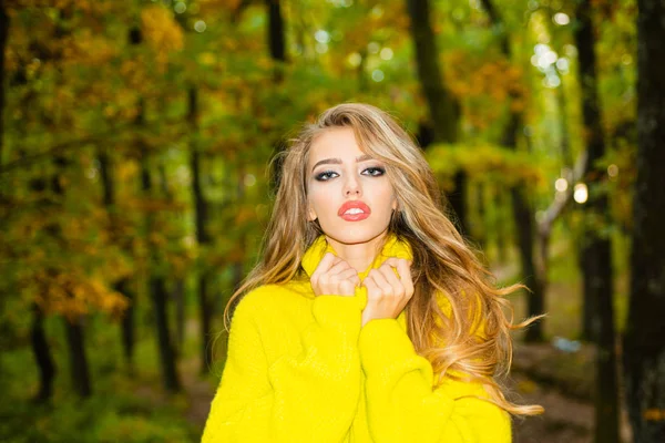 Hermosa mujer de moda en vestido rojo de otoño con hojas que caen sobre el fondo de la naturaleza. Moda mujer retrato de otoño con hojas de arce amarillo en el fondo de la naturaleza. Árbol de otoño hojas cielo fondo . —  Fotos de Stock