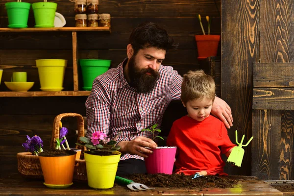 髭の男と小さな男の子は、自然を愛する。花のケアに水をまきます。土壌肥料。家族の日。温室効果。春の花を持つ幸せな庭師。父と息子。自然保護が必要 — ストック写真