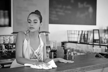 Her şeyi temiz tutmak. Güzel kadın stand Cafe tezgahın arkasındaki. Sevimli barmen veya bar bekçisi. Barista temiz counter üst bar. Kadın barista kahve dükkanında. Yiyecek ve içecek kahvehane içinde hizmet veren