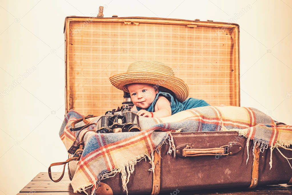 Joyful mood. Family. Child care. Small girl in suitcase. Traveling and adventure. Portrait of happy little child. Childhood happiness. Photo journalist. Sweet little baby. New life and birth