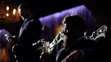 Alkol, zengin yaşam tarzı, iş, para kavramı. Lüks takım ceza patronu Vintage kanepede oturur. Suç, mafya, gangster konsepti. Lüks yaşam tarzı. Ciddi yüz ile sakallı adam bir cam tutar.