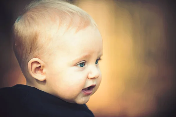 Retrato de niño rubio positivo con hermosos ojos azules al aire libre, espacio de copia — Foto de Stock