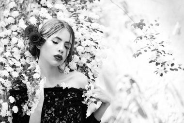 genç güzel kadın saç modeli, makyaj ve kırmızı çiçekli