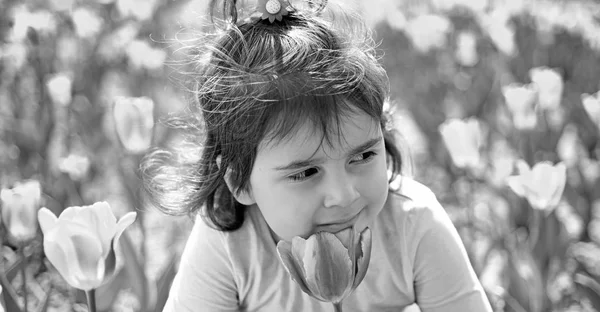 Cara y cuidado de la piel. alergia a las flores. Un niño pequeño. Belleza natural. Día de los niños. Niña en primavera soleada. Moda de verano. Feliz infancia. Tulipanes de primavera. pronóstico del tiempo. Planta verde —  Fotos de Stock