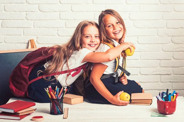 Freundschaft der kleinen Schwestern im Klassenzimmer beim Wissenstag. Freundschaft und familiäre Beziehungen — Stockfoto