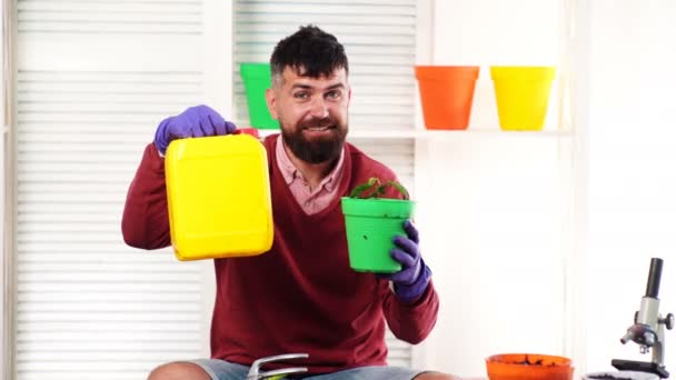 Meststoffen voor plantengroei. Chemische meststof aan planten die groeien in volgorde van zaadkieming op de bodem, evolution concept. Man houdt busje met kunstmest en pot met de plant in zijn handen. — Stockvideo